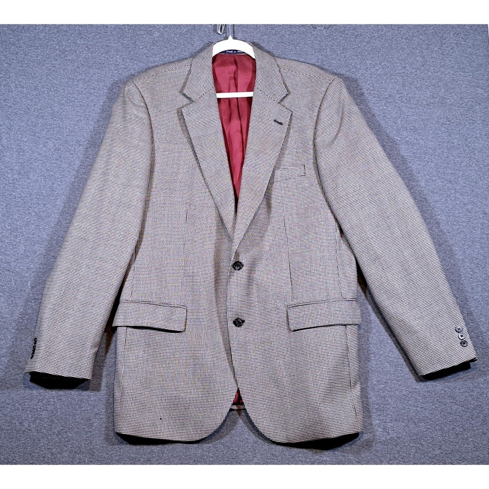 Alan Flusser Mens 44L Sport Coat 100% Worsted Wool Houndstooth Blazer Tan Black